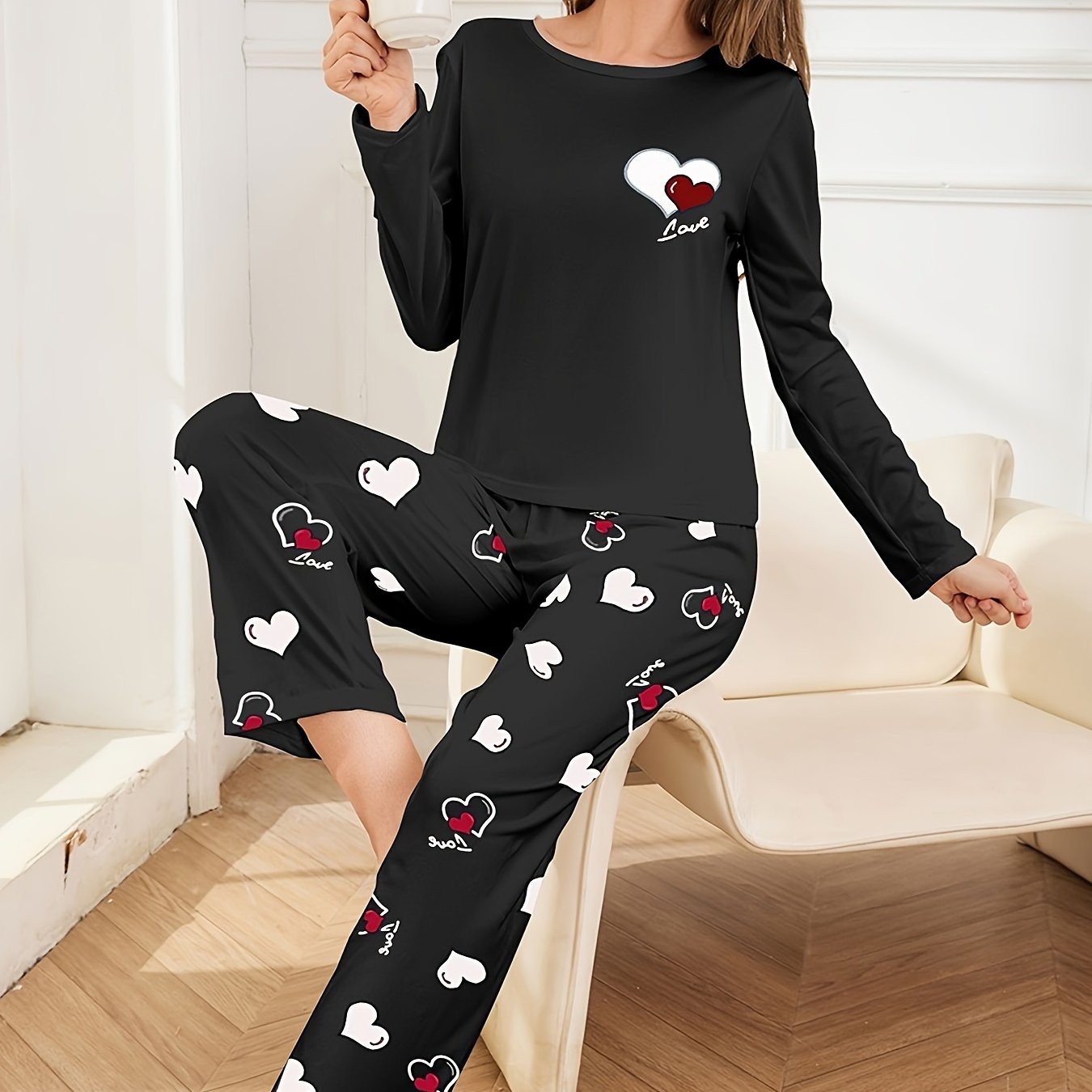 Women's Pajama Set Long Sleeve Heart Print Fall Winter Polyester Lounge Sleepwear