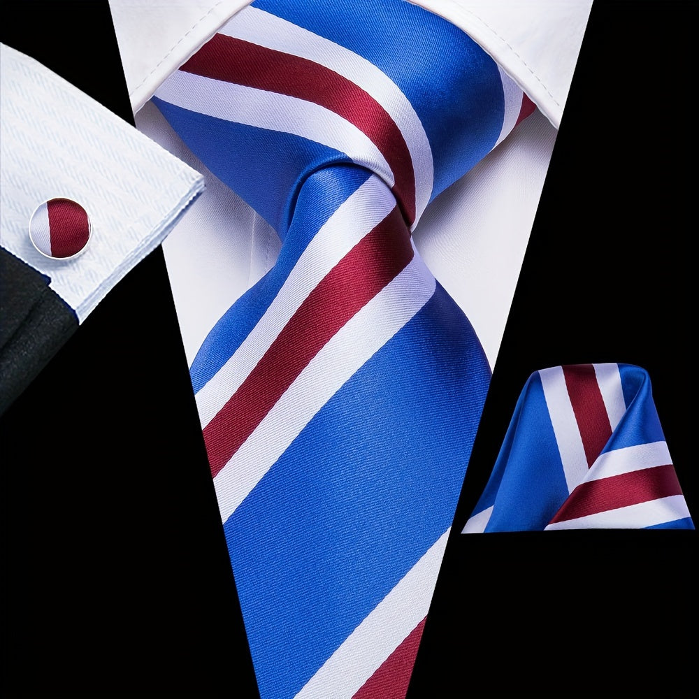Men's Classic Striped Necktie Set with Cufflinks for Business and Party