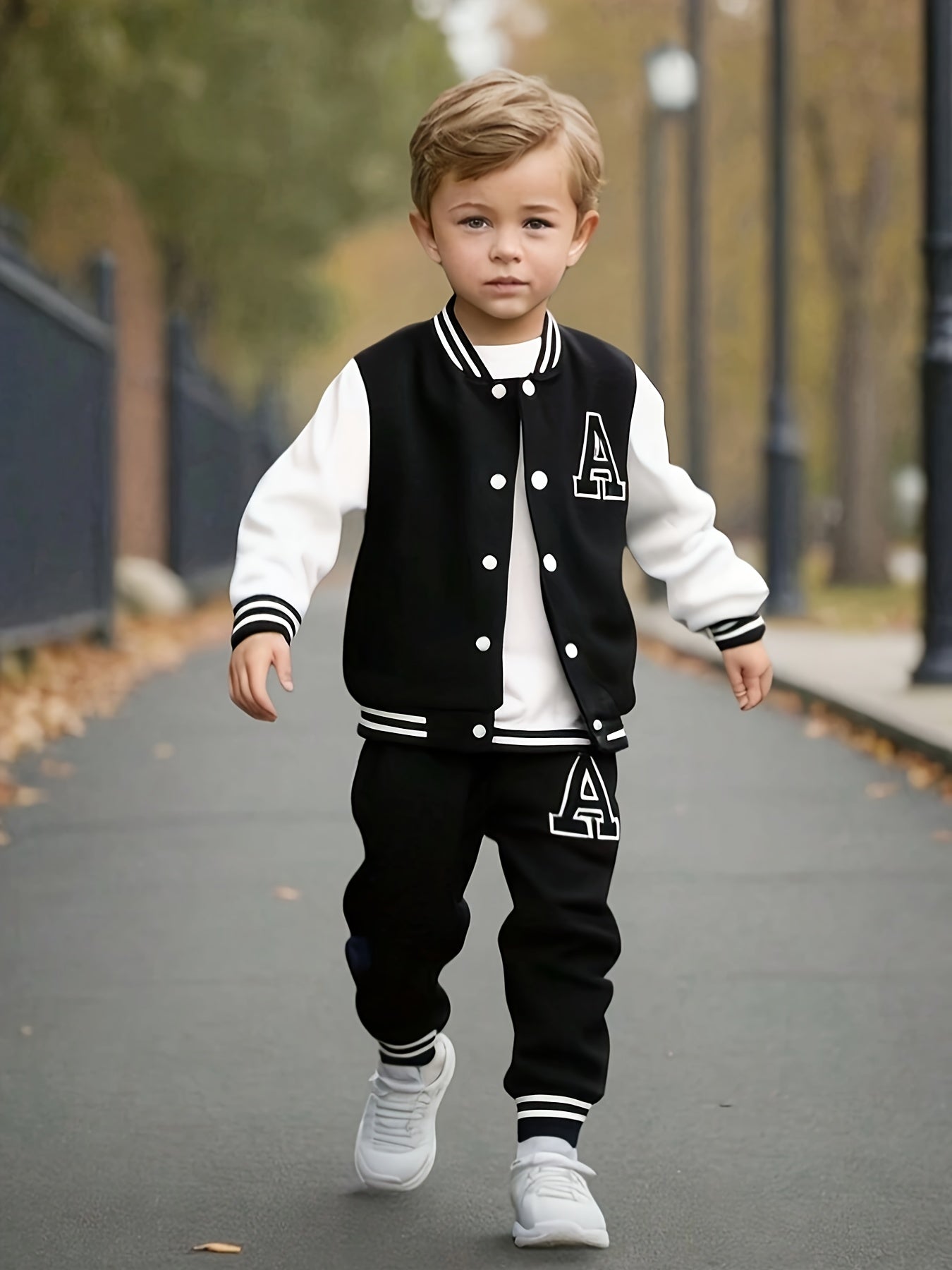 Boys Fall Winter Baseball Suit Polyester Knit Alphabet Print Regular Fit with Button