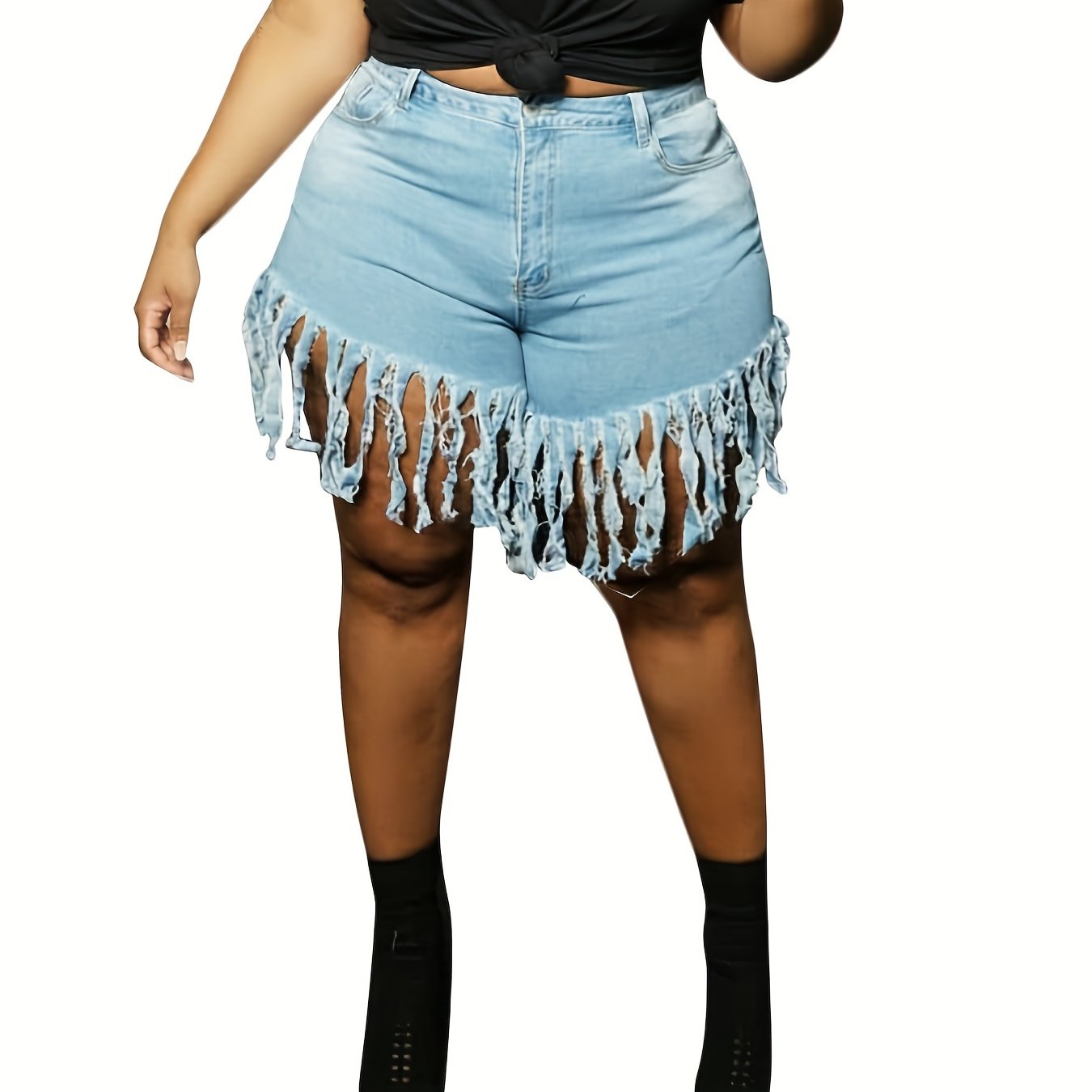 Plus Size Women's Denim Shorts Elastic Button Fly Fringe Trim Casual denim shorts