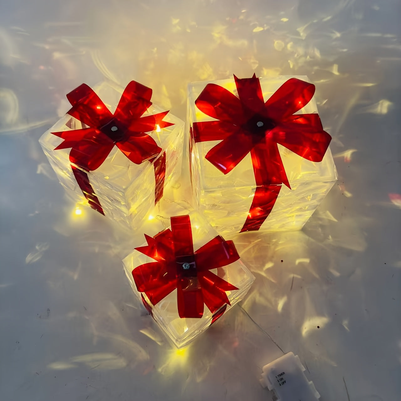 Paquete de 3 cajas de regalo con luces LED y lazos rojos, decoraciones navideñas con funcionamiento a batería