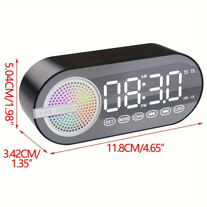 Беспроводная колонка с LED-зеркальным дисплеем, будильником, ярким атмосферным освещением, мощным басом, FM-радио, зарядкой через USB, одним динамиком, не водонепроницаемая, с перезаряжаемой батареей.