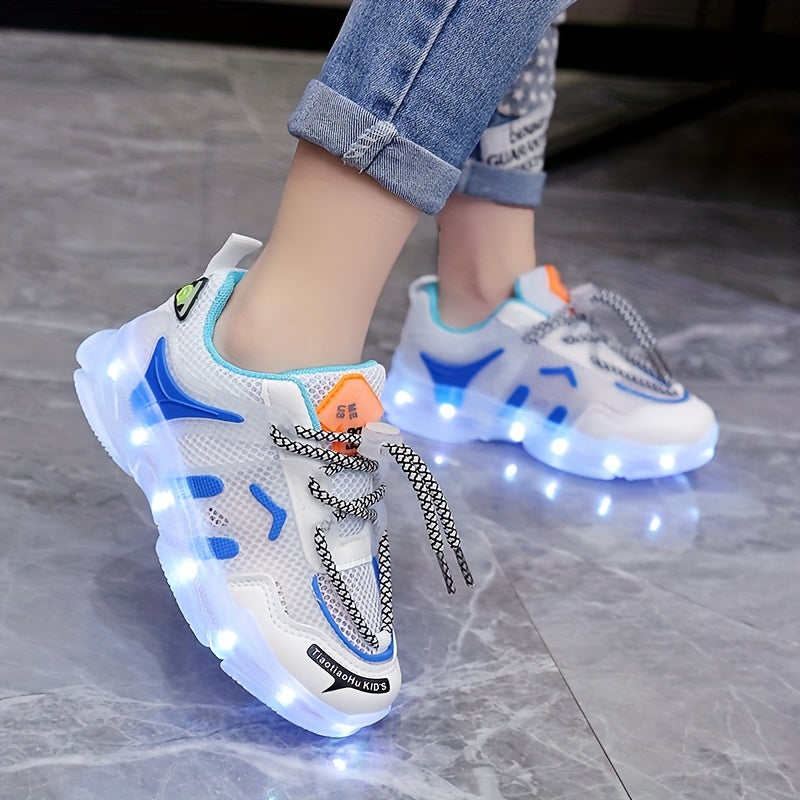 Kids LED Light-Up Sneakers Breathable Mesh Non-Slip Soft Sole for Boys Girls Toddler Children in White Blue Orange