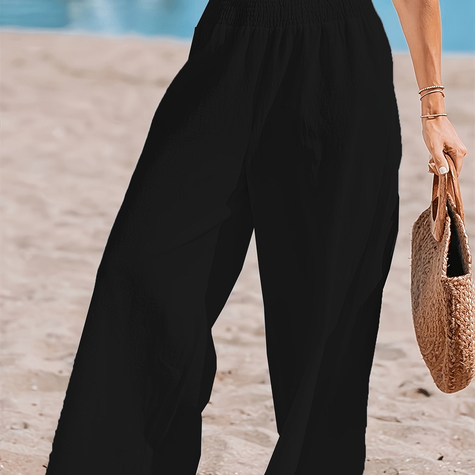 Plus Size Women's Wide Leg Pants Solid Color High-Waisted Flowy Beach Casual