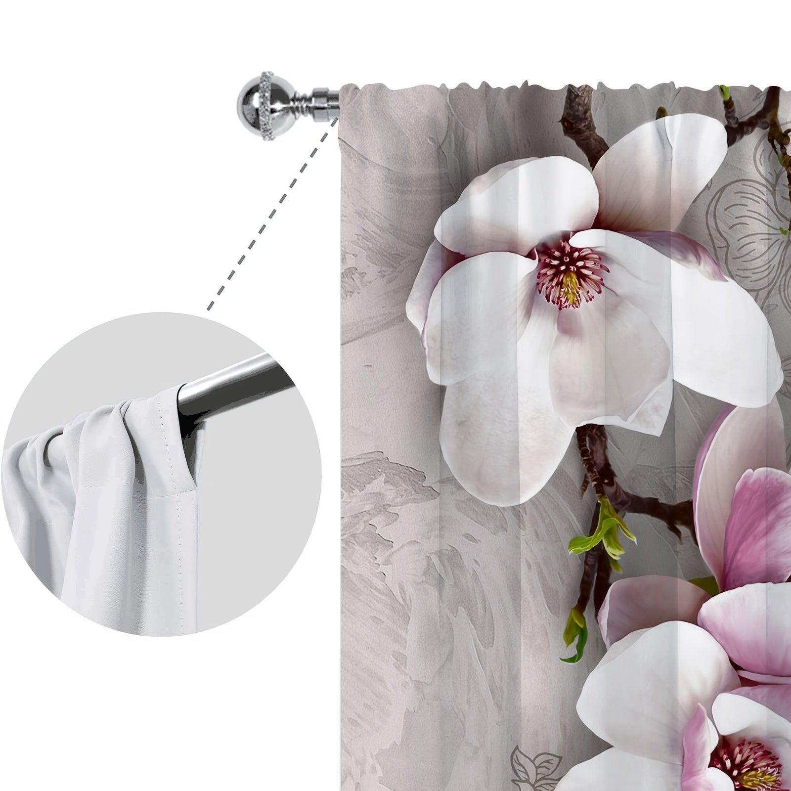 Set of 2 Magnolia Patterned Semi-Blackout Curtains with Rod Pocket for Bedroom Living Room Kitchen