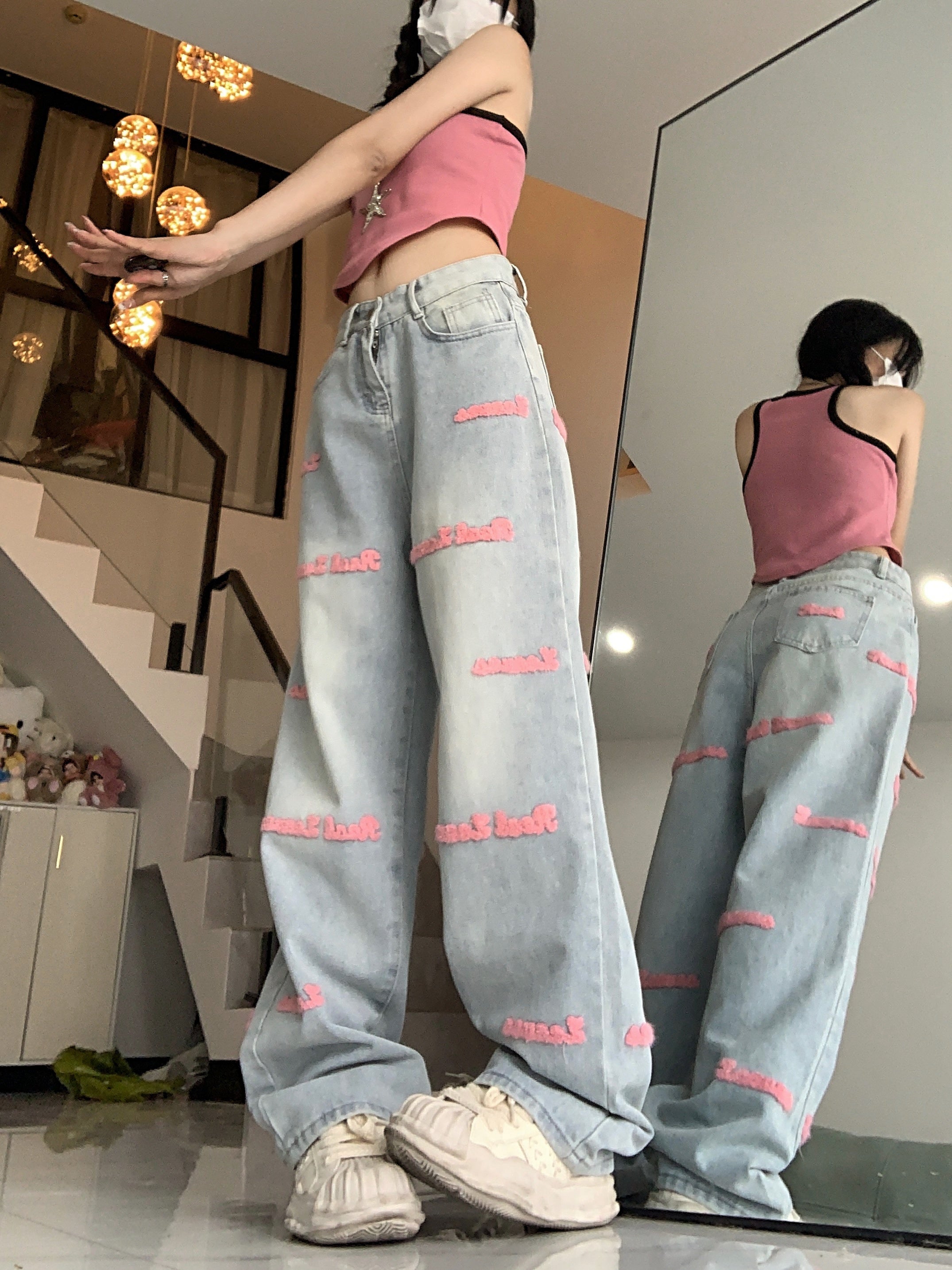 High-Waisted Embroidered Denim Jeans with Straight Leg and Button Fly Closure