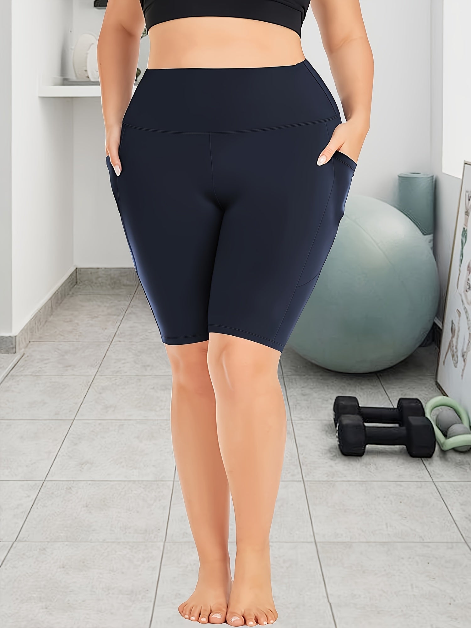 Plus Size High-Waisted Stretchy Shorts Casual Solid Color Summer Women