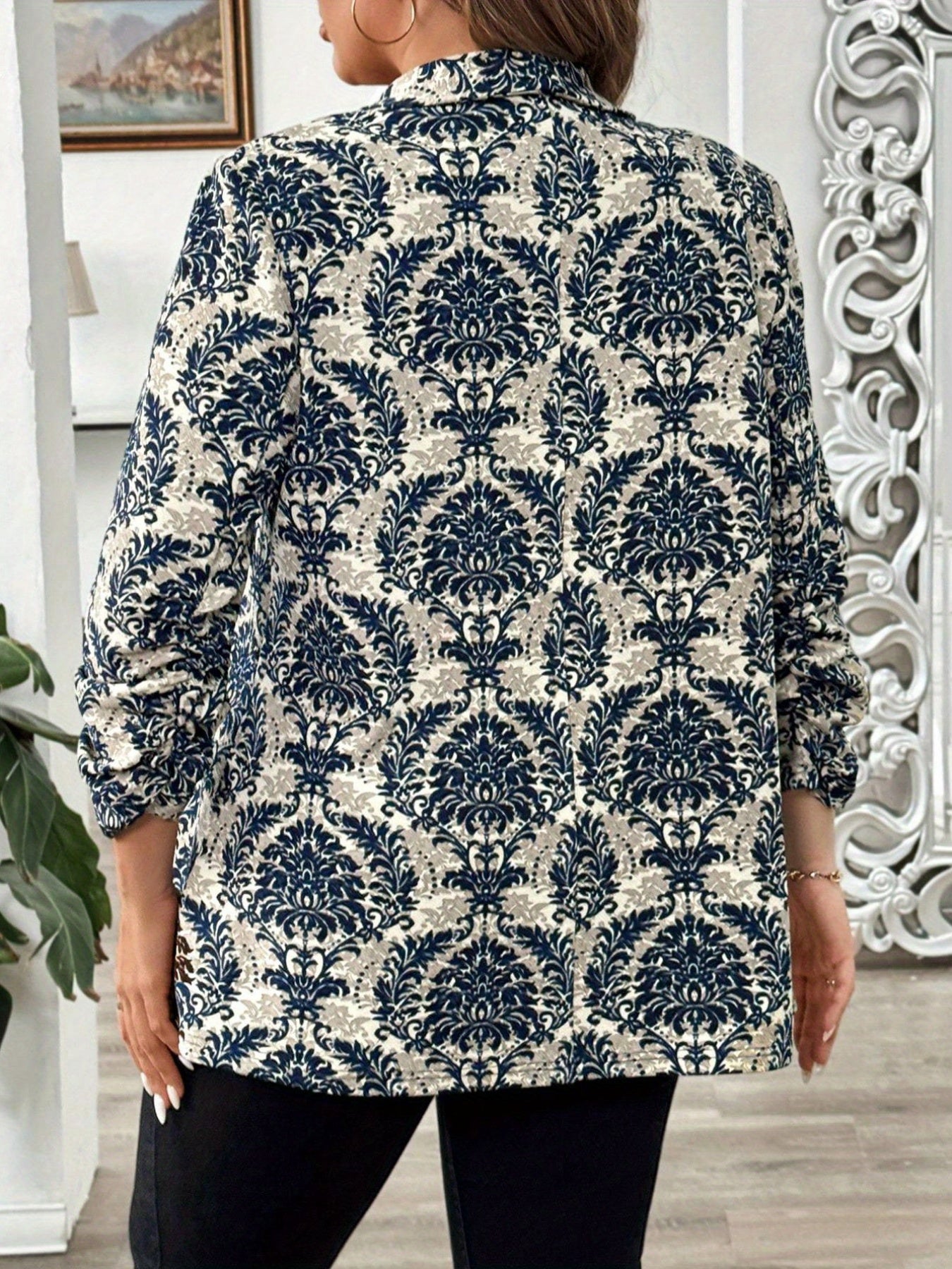 Plus Size Floral Print Blazer for Women with Gathered Sleeves and Lapel Collar