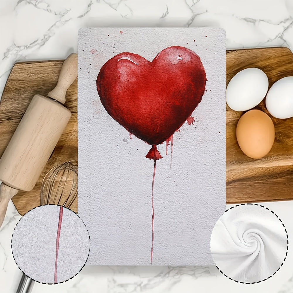 Two Pieces Kitchen Towels Red Heart Balloon Design 16x24 Inches Absorbent