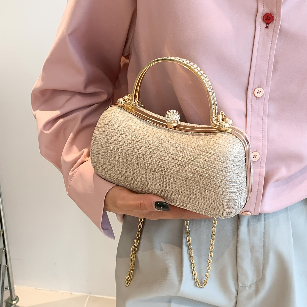 Mini Evening Bag with Rhinestone Chain for Parties Weddings and Proms Black Gold Silver