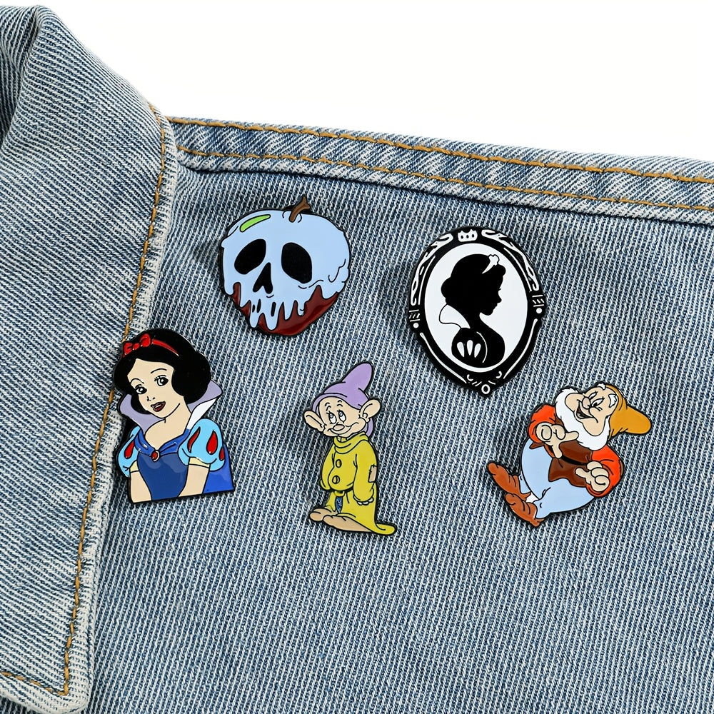 Set of 5 Enamel Pins Snow White and Dwarfs Brooches Alloy Metal for Clothing and Backpacks