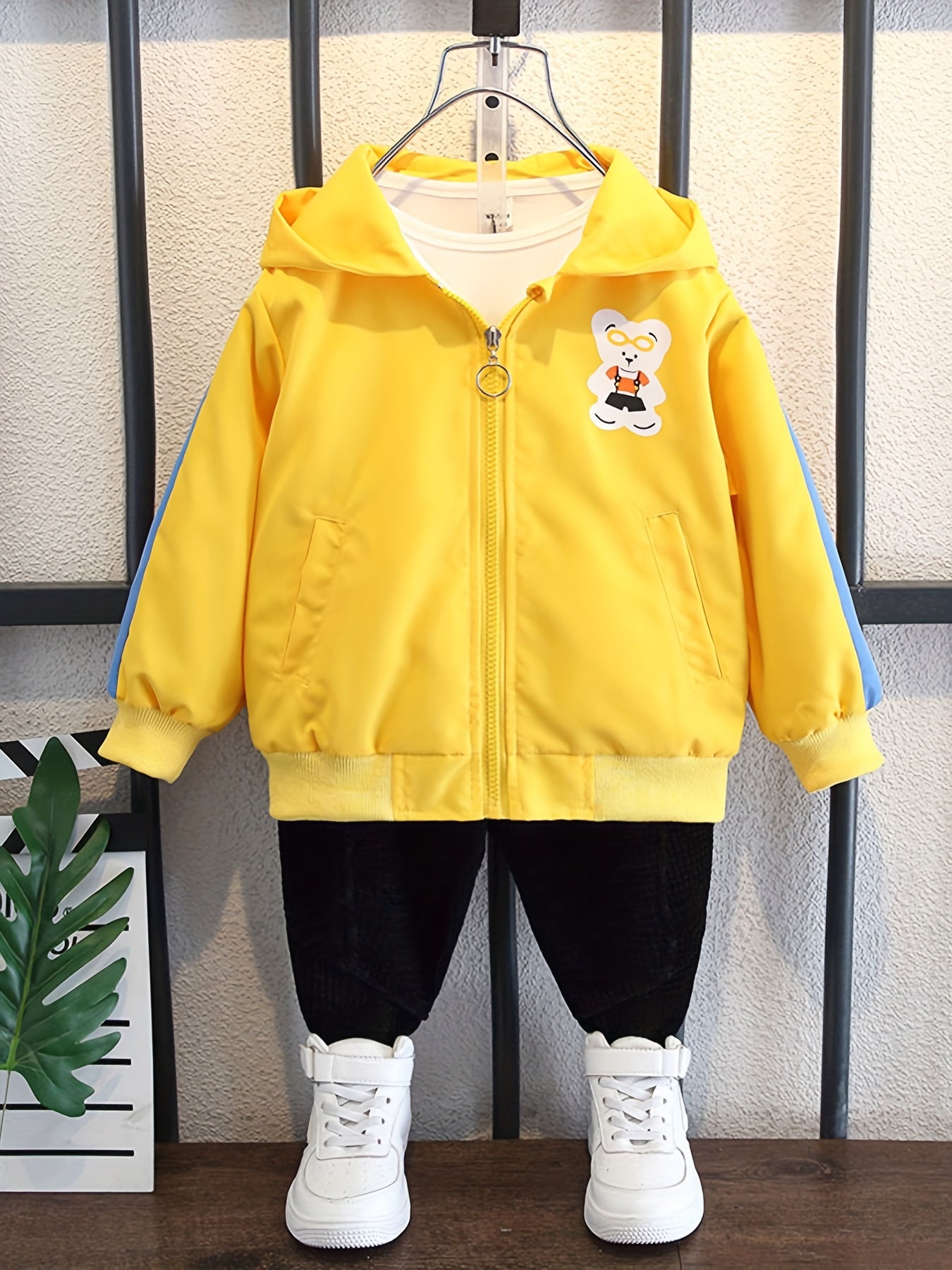 Boys' Lightweight Hooded Jacket with Bear Cartoon Print Yellow Blue Trim Fall Spring Kids Outerwear