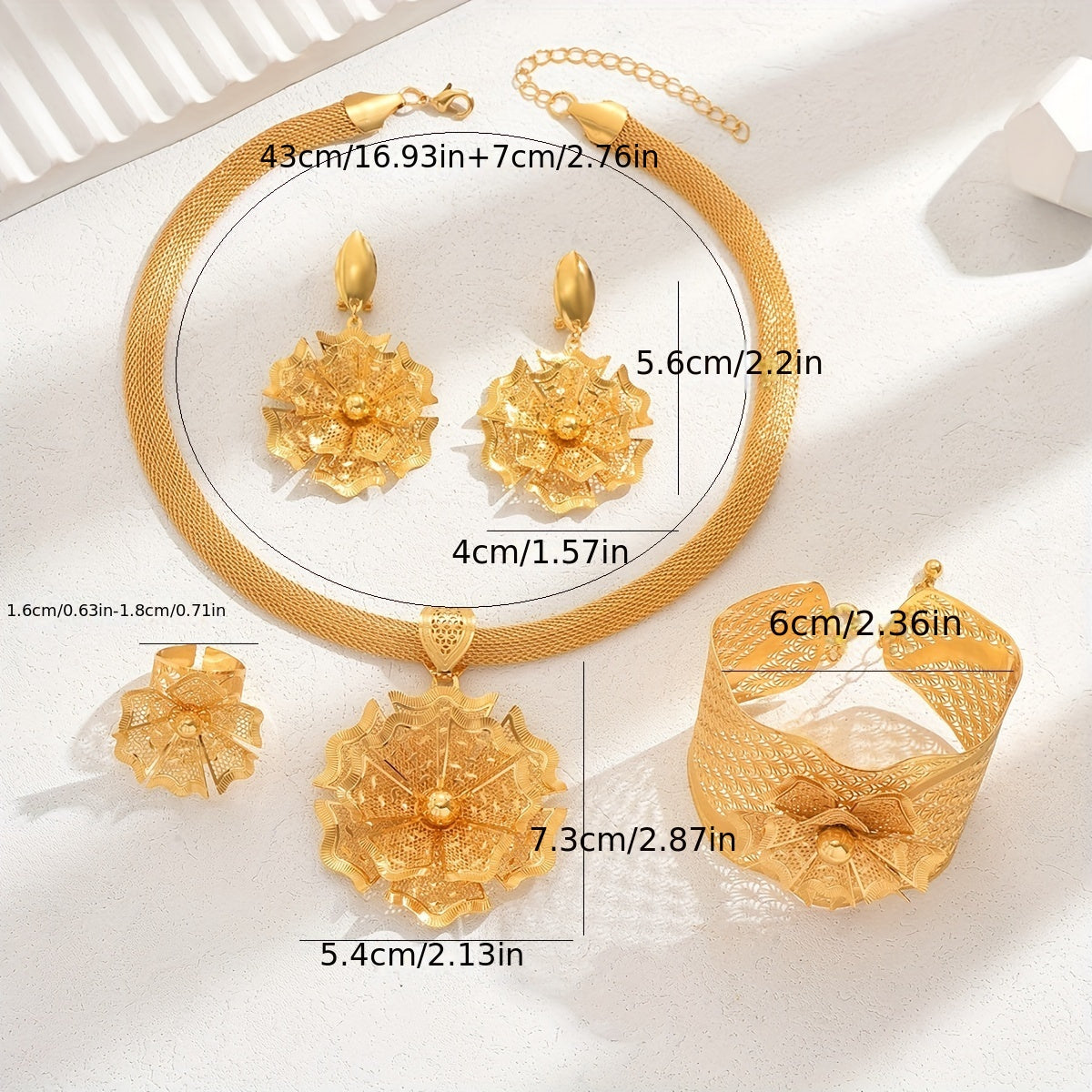 Gold Bridal Jewelry Set with Flowers Bracelets Rings Earrings Necklaces for Weddings