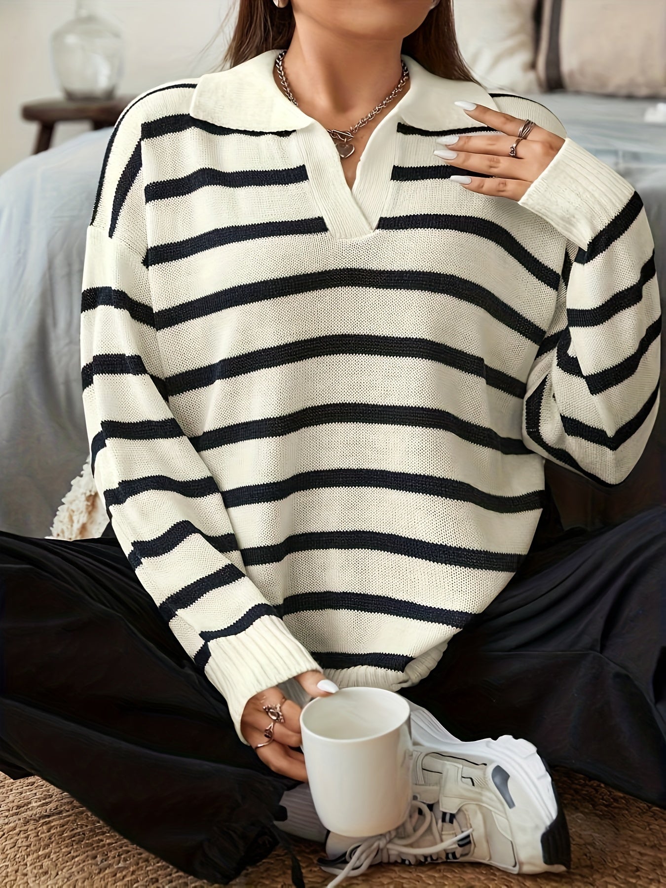 Plus Size Women's Striped Knit Long Sleeve Pullover Top for Fall Winter