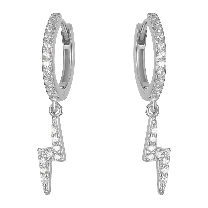 Sterling Silver Punk Earrings with Lightning Bolt Zirconia Pendants for Daily Wear