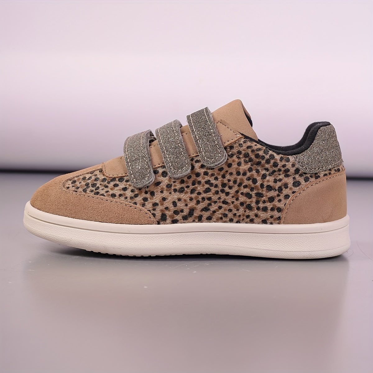 Kids' Animal Print and Beige Glitter Non-Slip Shoes with Hook-and-Loop Strap