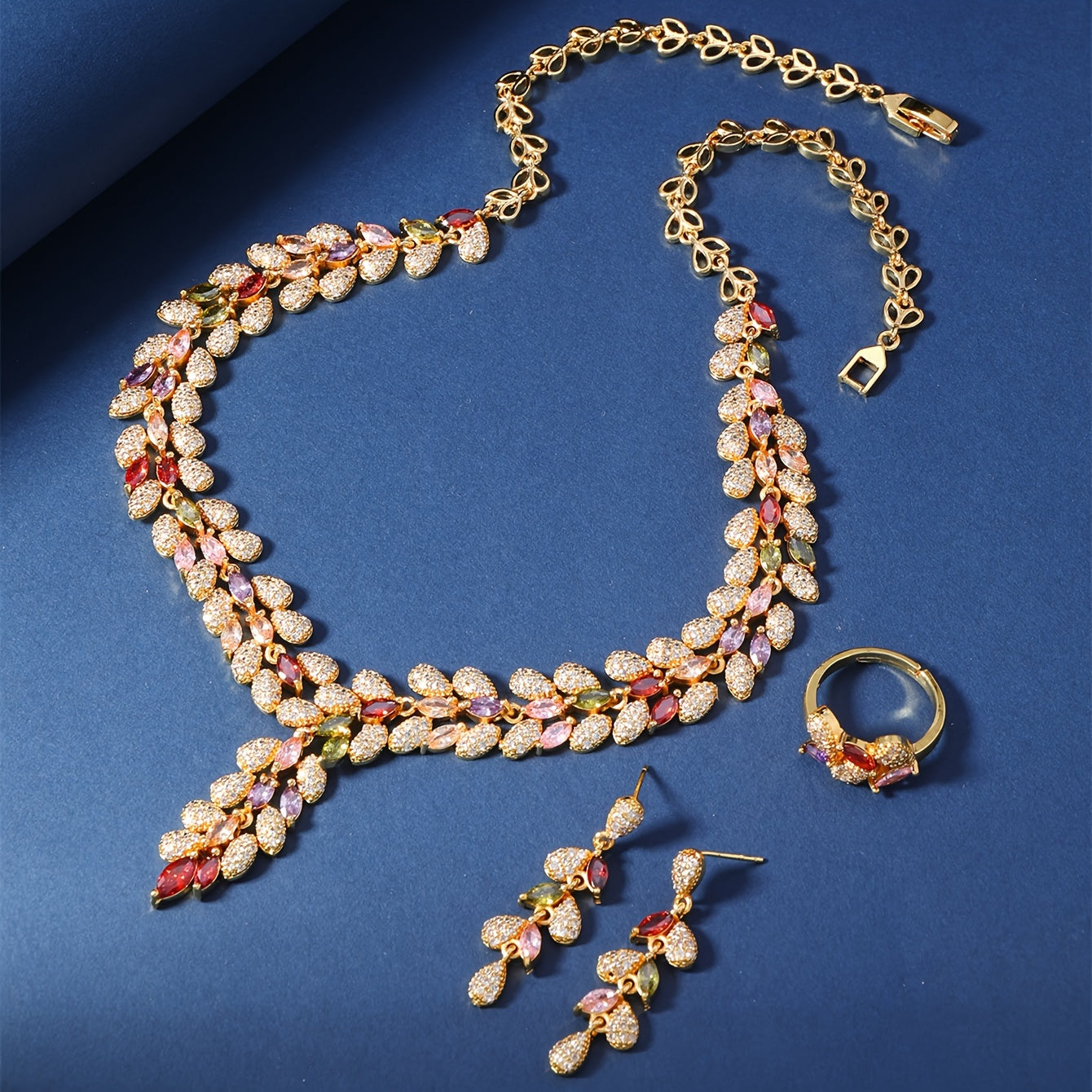 Middle Eastern Copper Jewelry Set with Zirconia Stones and Wheat Tassel Design