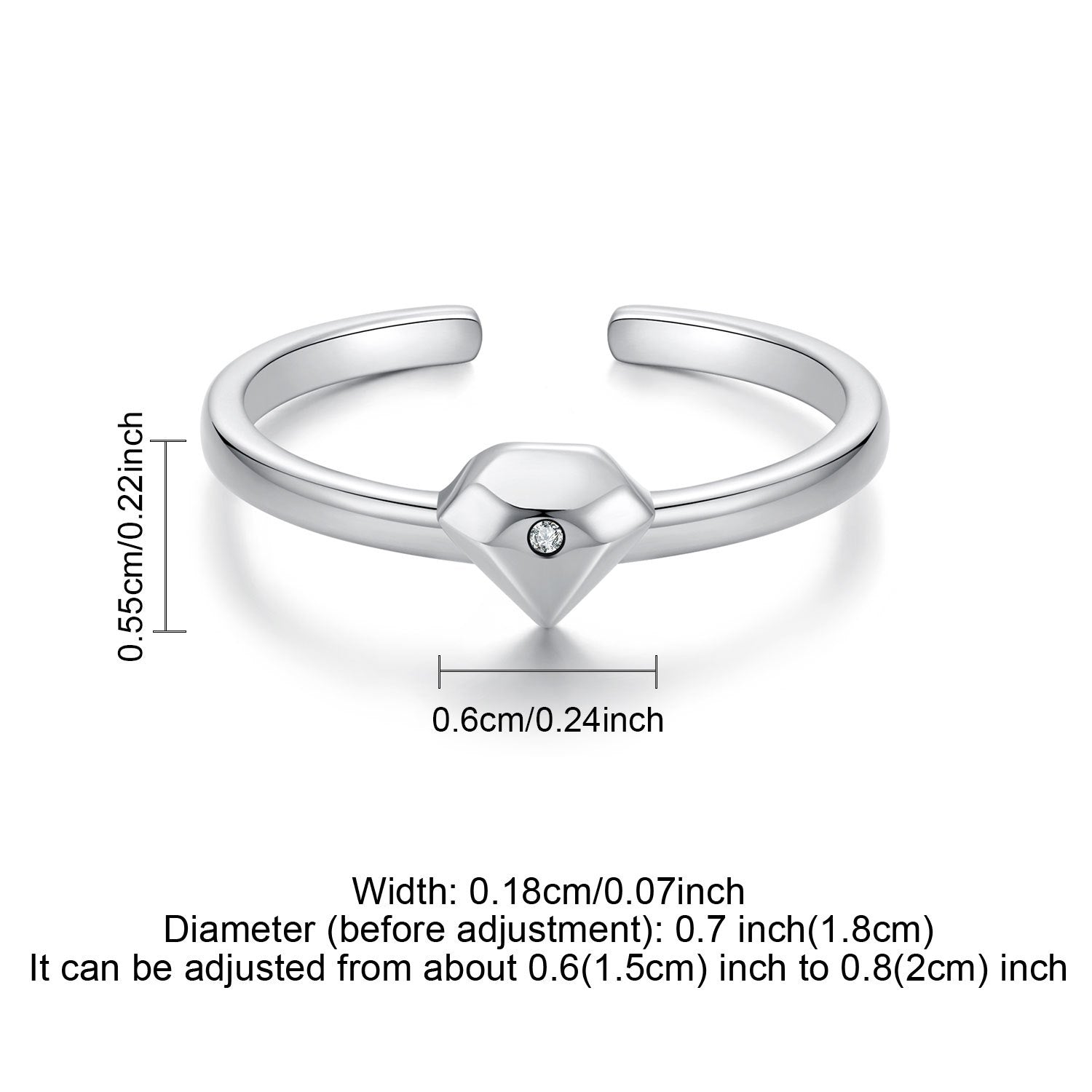 Women’s Adjustable Sterling Silver Ring with Cubic Zirconia and Open Design