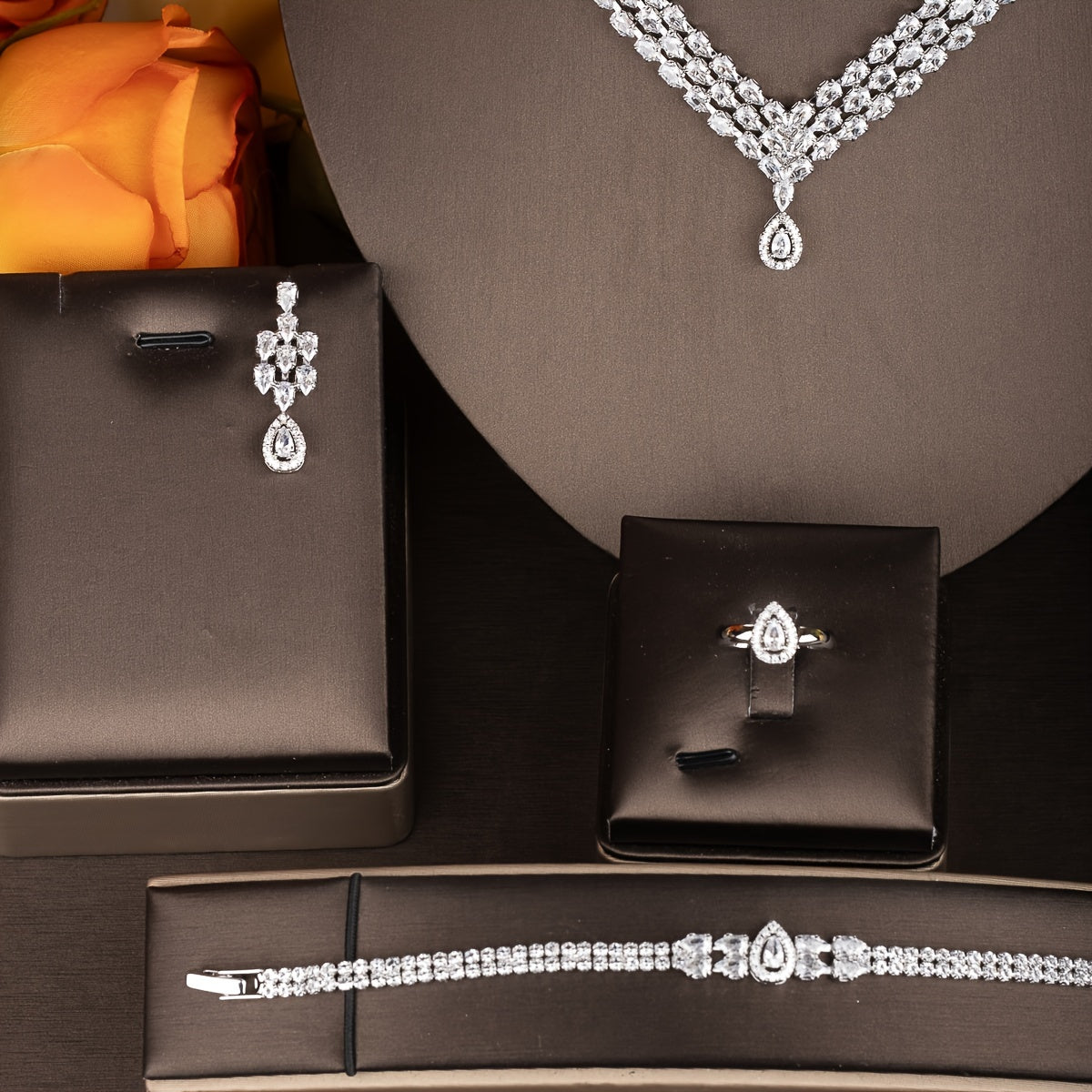 Cubic Zirconia Jewelry Set for Women Teardrop Necklace Bracelet Earrings Ring Wedding