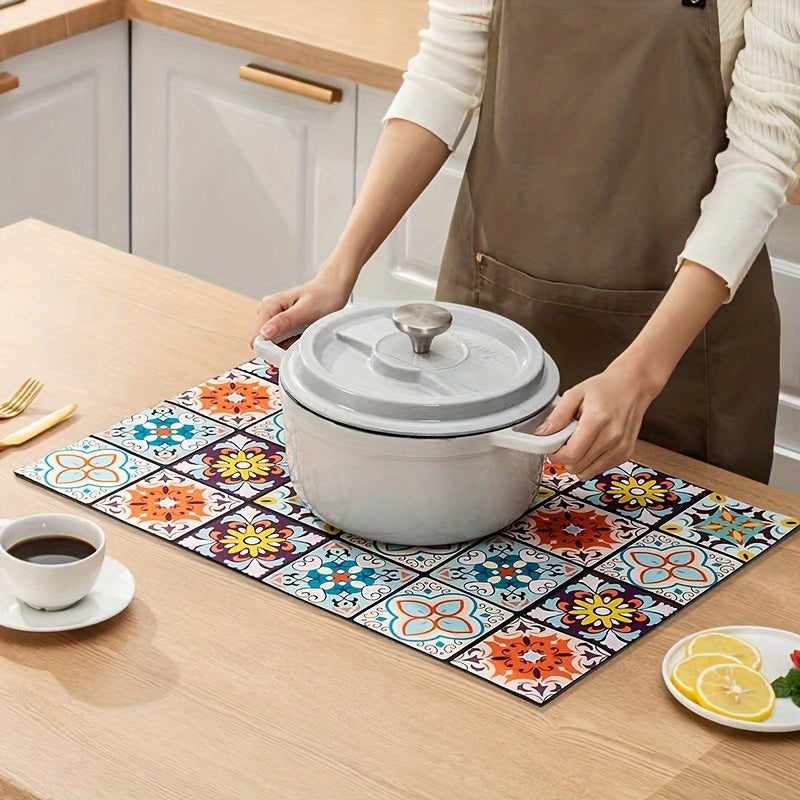 Rang-barang plitka naqshli oshxona mato, stol usti uchun, sirg‘almas, yutuvchi, issiqlik izolyatsiyasi, tez quriydi, idish-tovoq uchun mos