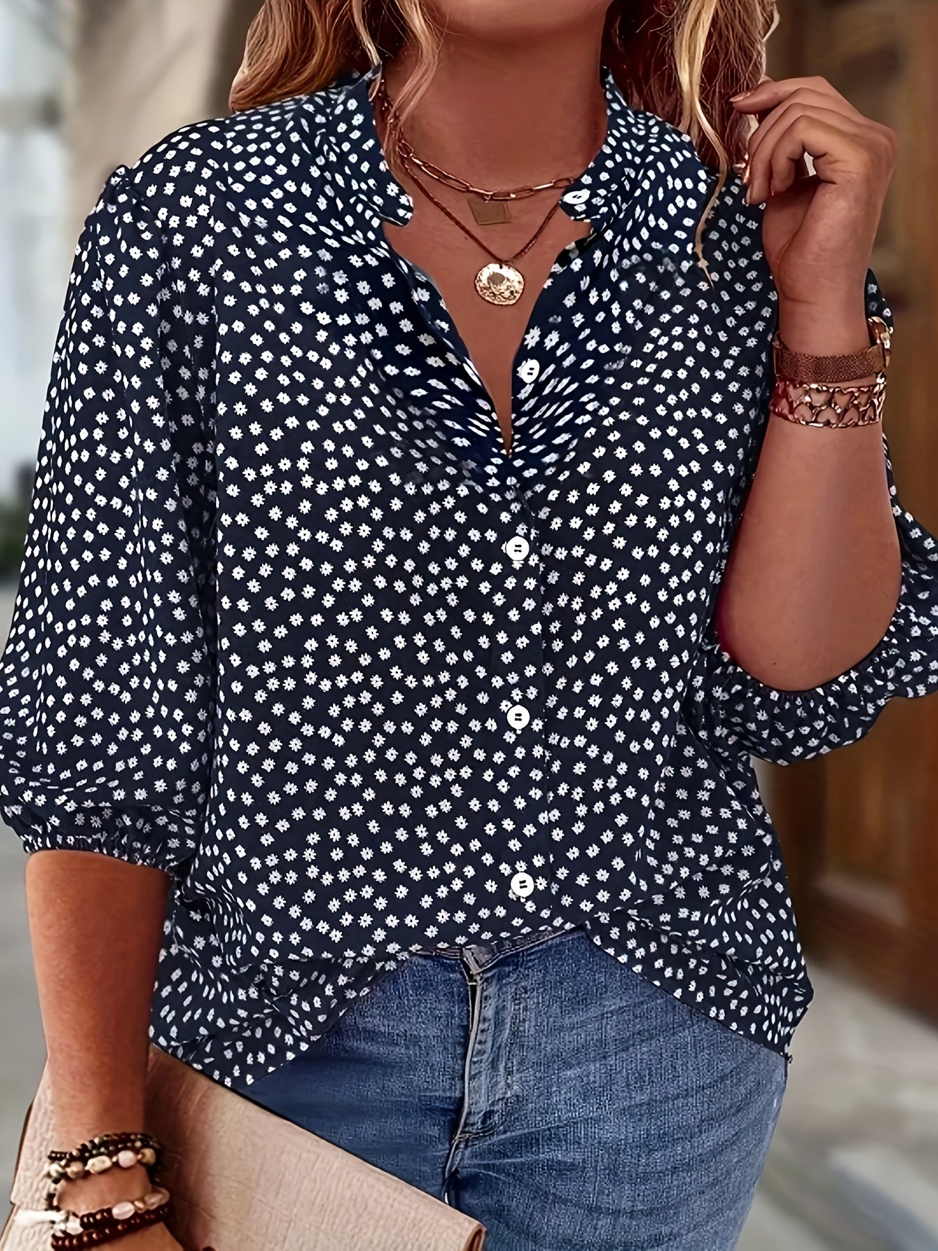 Plus Size Women's Floral Print Casual Shirt for Outings