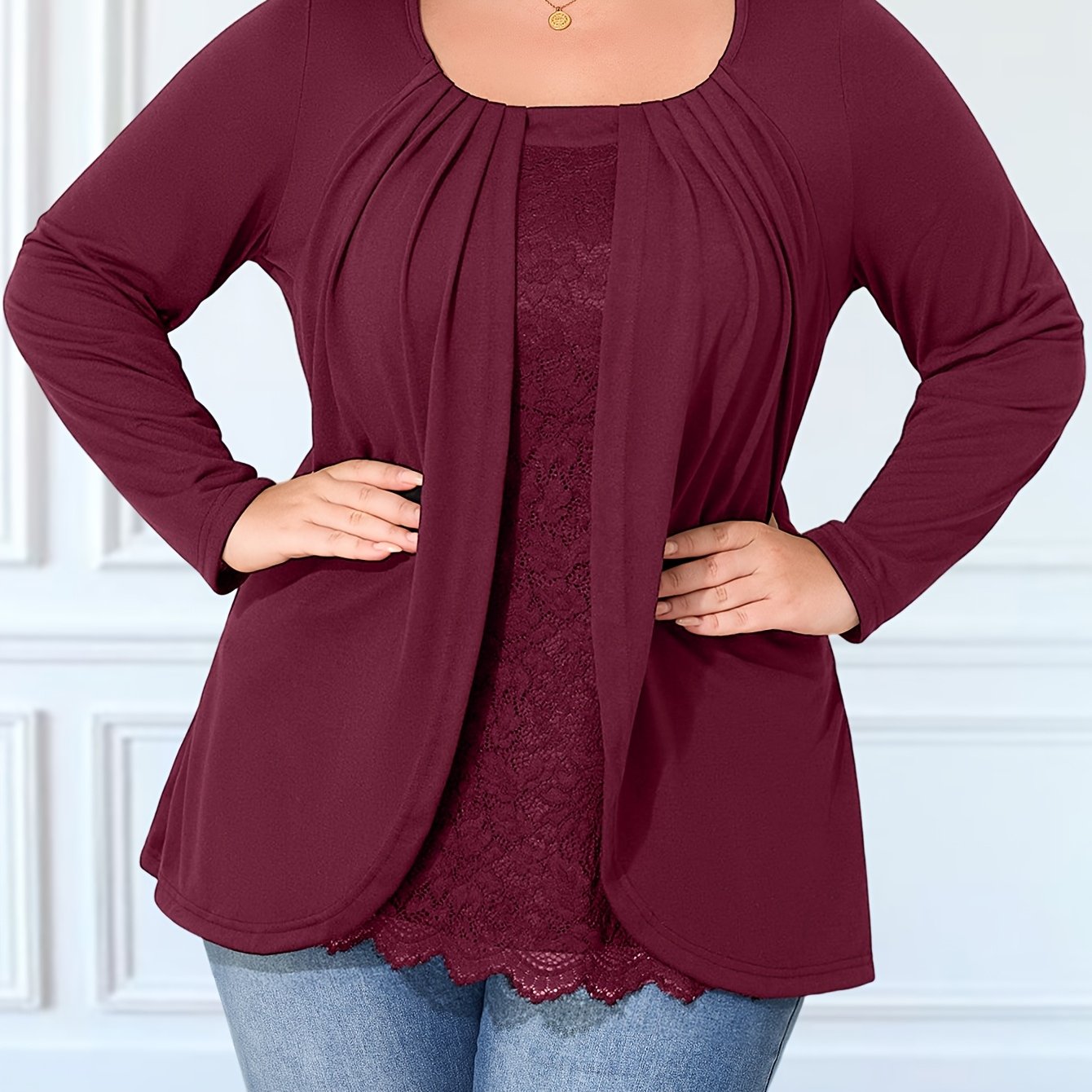 Plus Size Women's Lace Trim Pleated Long Sleeve T-Shirt Casual Summer Opaque