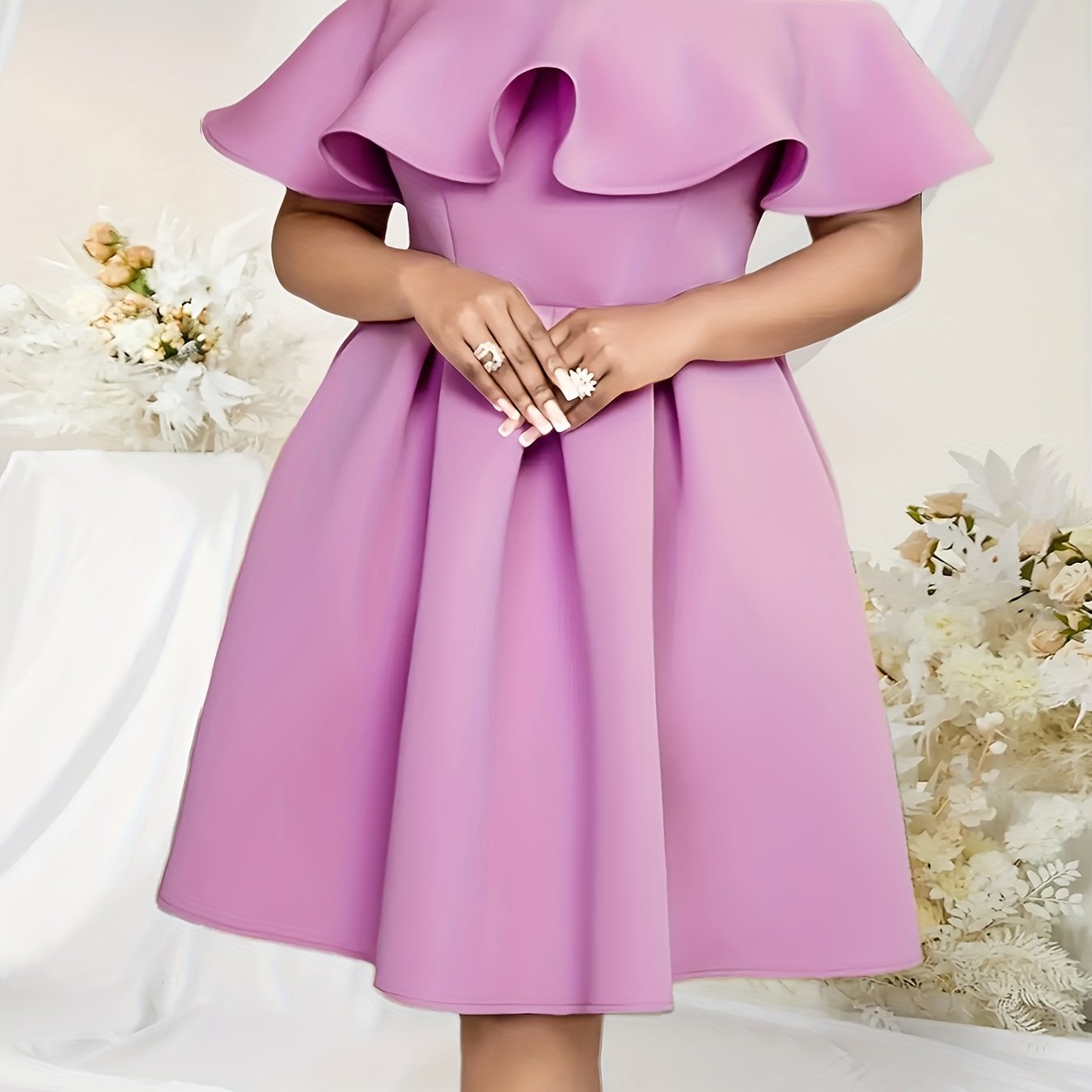 Women's Lavender Off-Shoulder A-Line Dress with Ruffled Sleeves