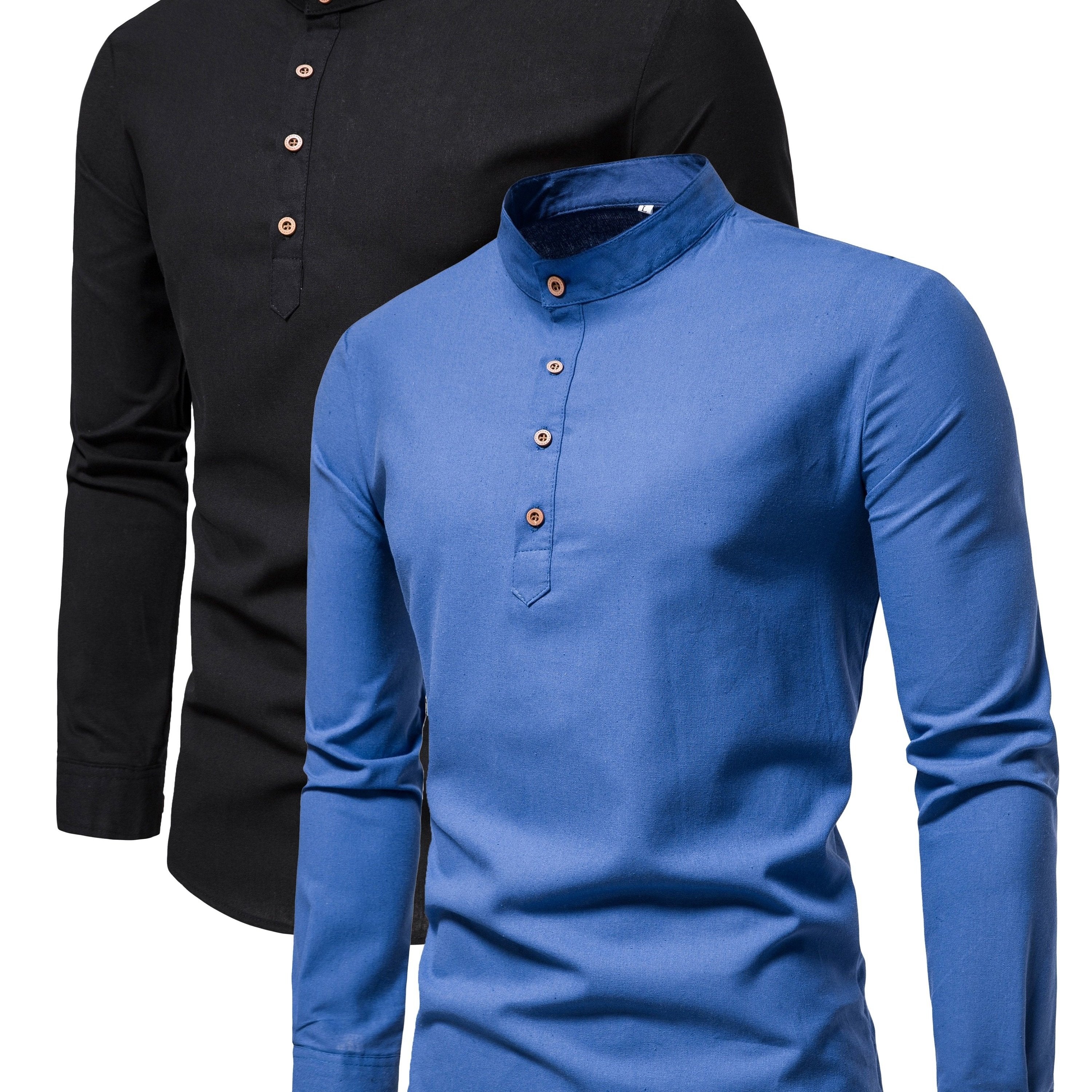 Men's Cotton Long-Sleeve Shirt Set Spring Autumn Stand Collar Slim Fit Solid Color Outdoor