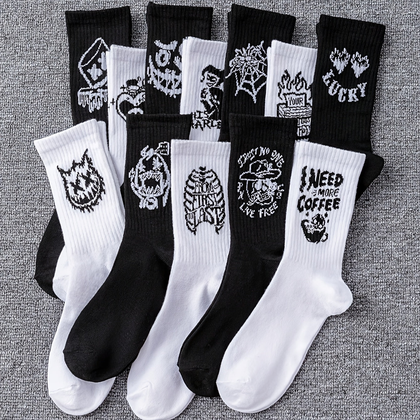 Men's Mid-Calf Socks 6-10 Pairs Black White Graffiti Pattern All Seasons