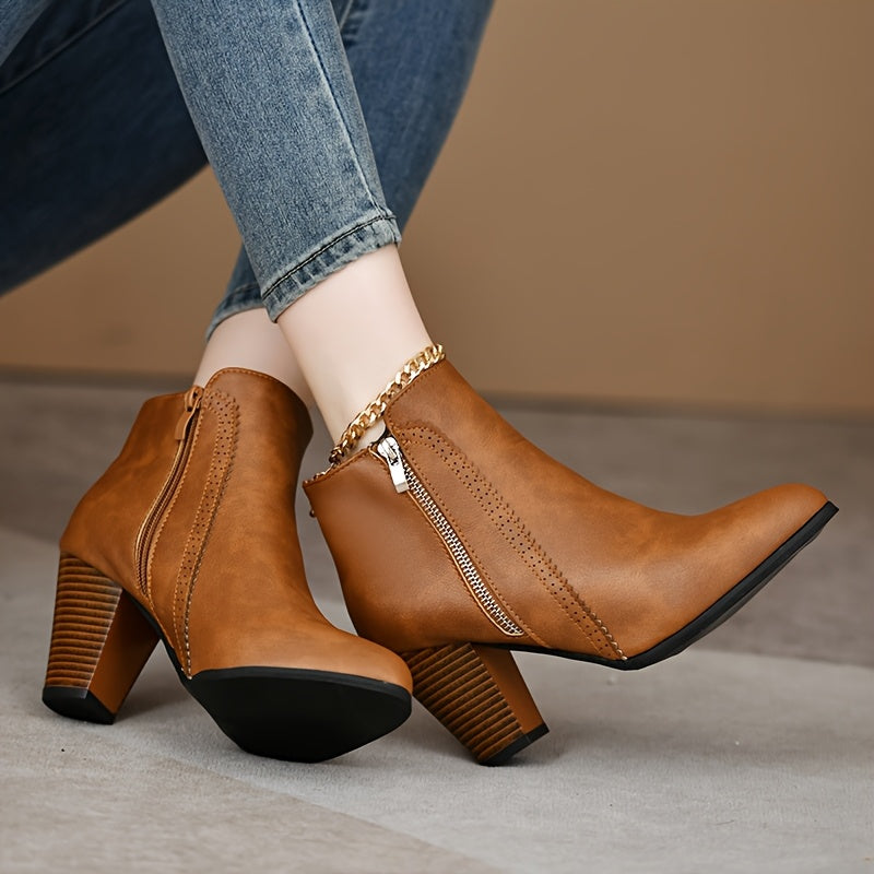 Women's Ankle Boots Faux Cover Chunky Heel Side Zipper Stylish