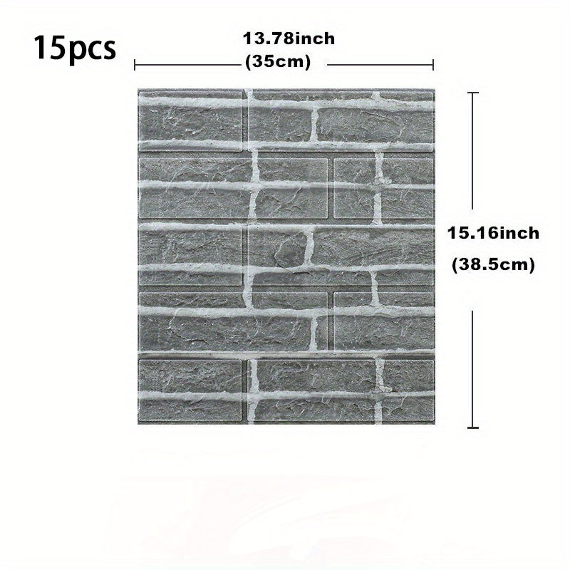 15pcs Foam Soft Wall Tiles with 3D Brick Pattern Waterproof Washable Anti-Mold Stain Resistant