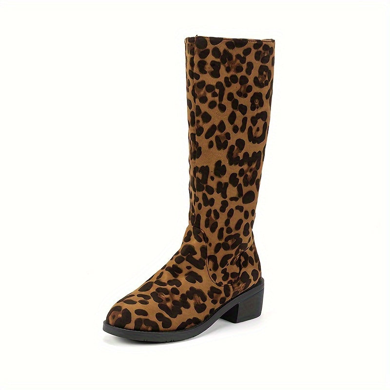 Women’s Leopard Print Mid-Calf Boots Velvet Side Zipper Anti-Slip