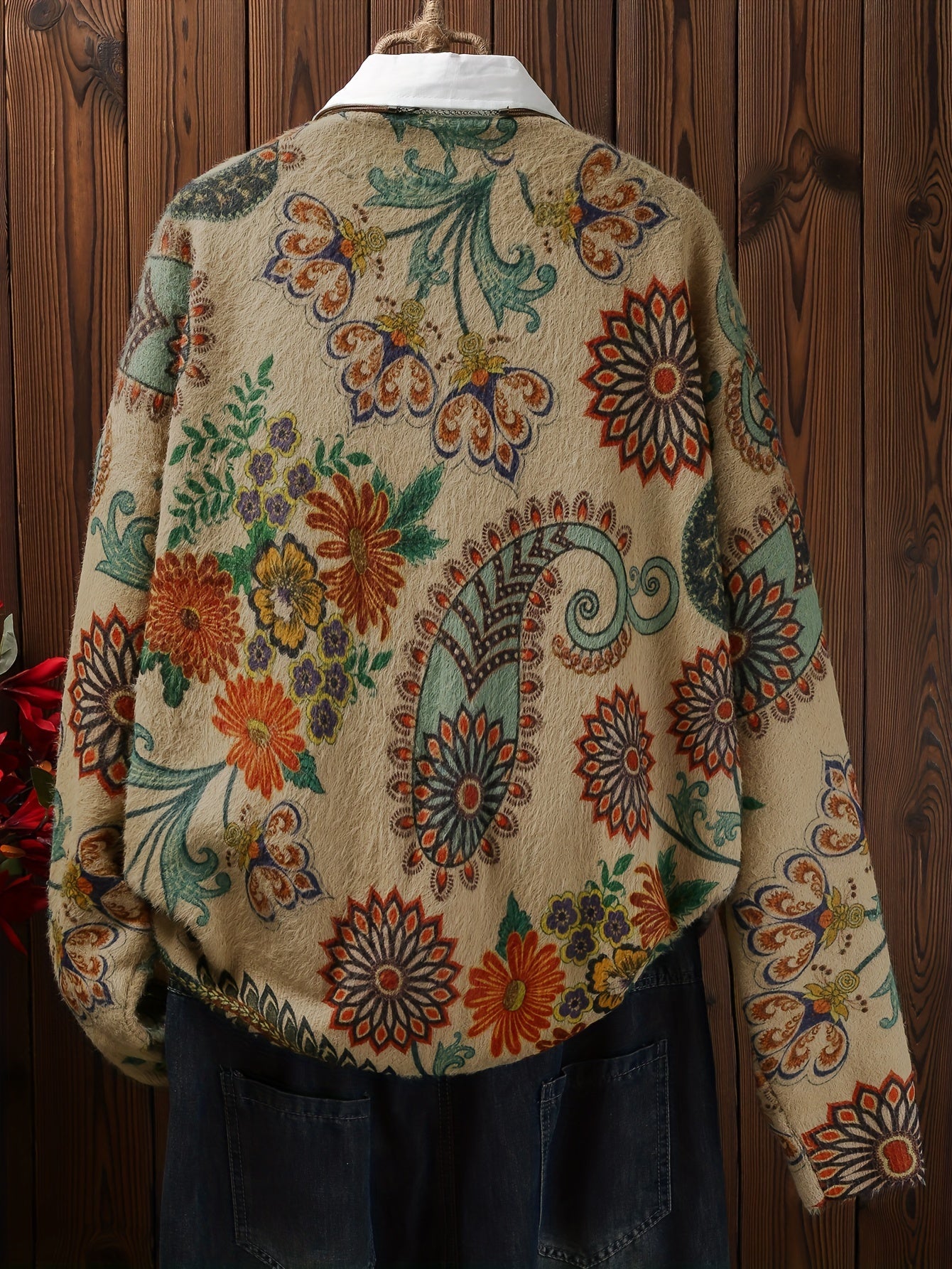Plus Size Vintage Floral Leaf Print Cardigan for Women Fall Winter Knit Outerwear
