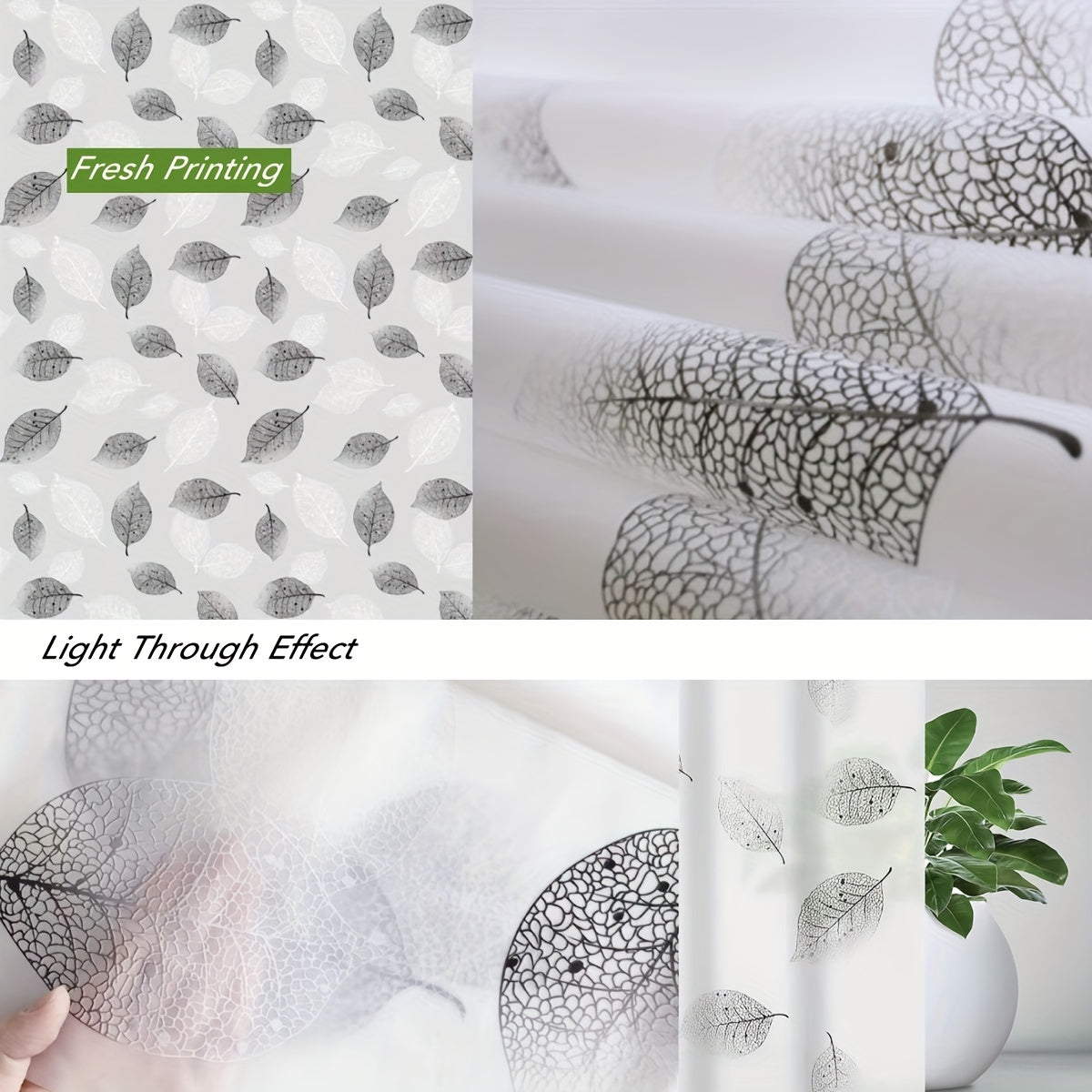Leaf Pattern Shower Curtain Waterproof Durable Plastic Hooks Grommets Bathroom Decor