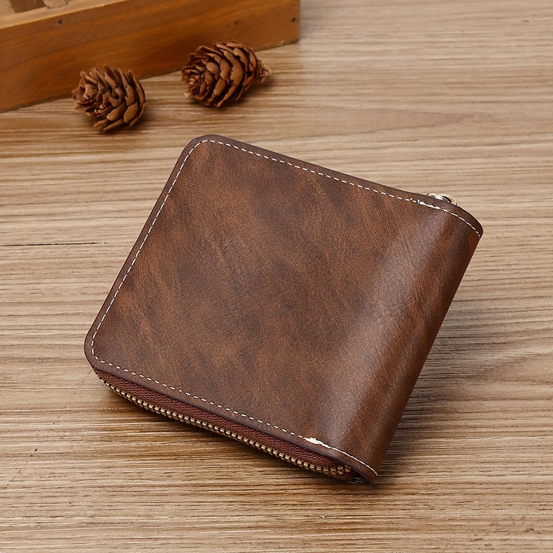 Men's PU Zipper Wallet with Button Decor Credit Card Holder Bifold Coffee