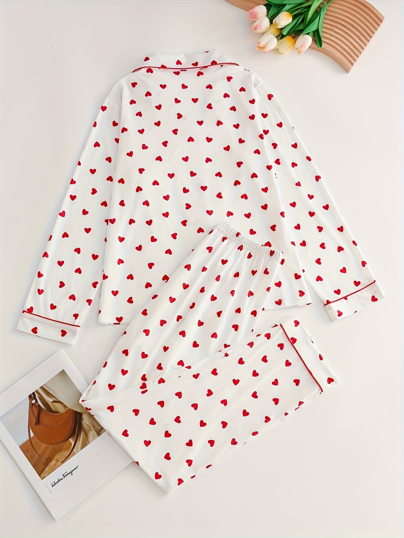 Women's Pajama Set Long Sleeve Heart Pattern Spring Autumn Cozy Pants