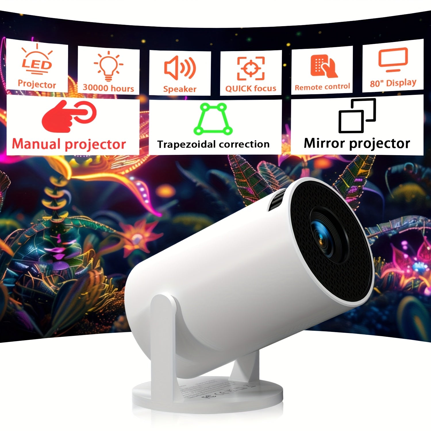 Portable HD Mini Projector with 180° Rotation, Smartphone Sharing, Built-in Speakers