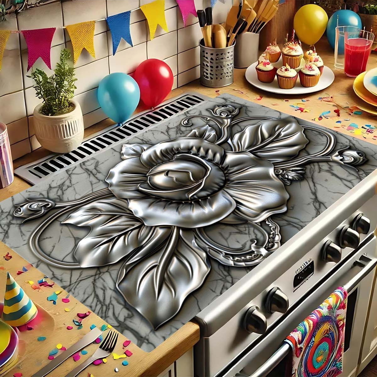 3D Floral Art Gas Stove Burner Cover Heat Resistant Scratch Proof Durable Polyester