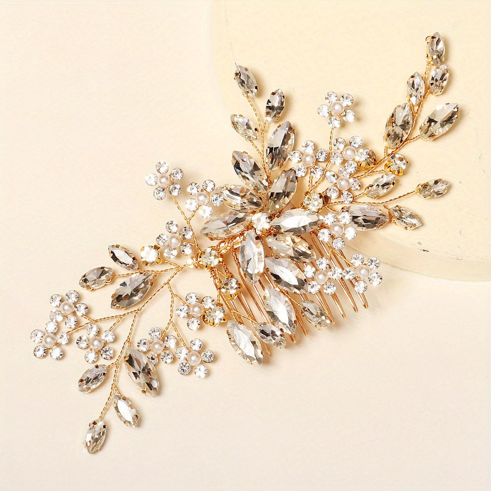 Handmade Flower Hair Comb with Horse Eye Rhinestones for Bridal Wedding Dress Accessories