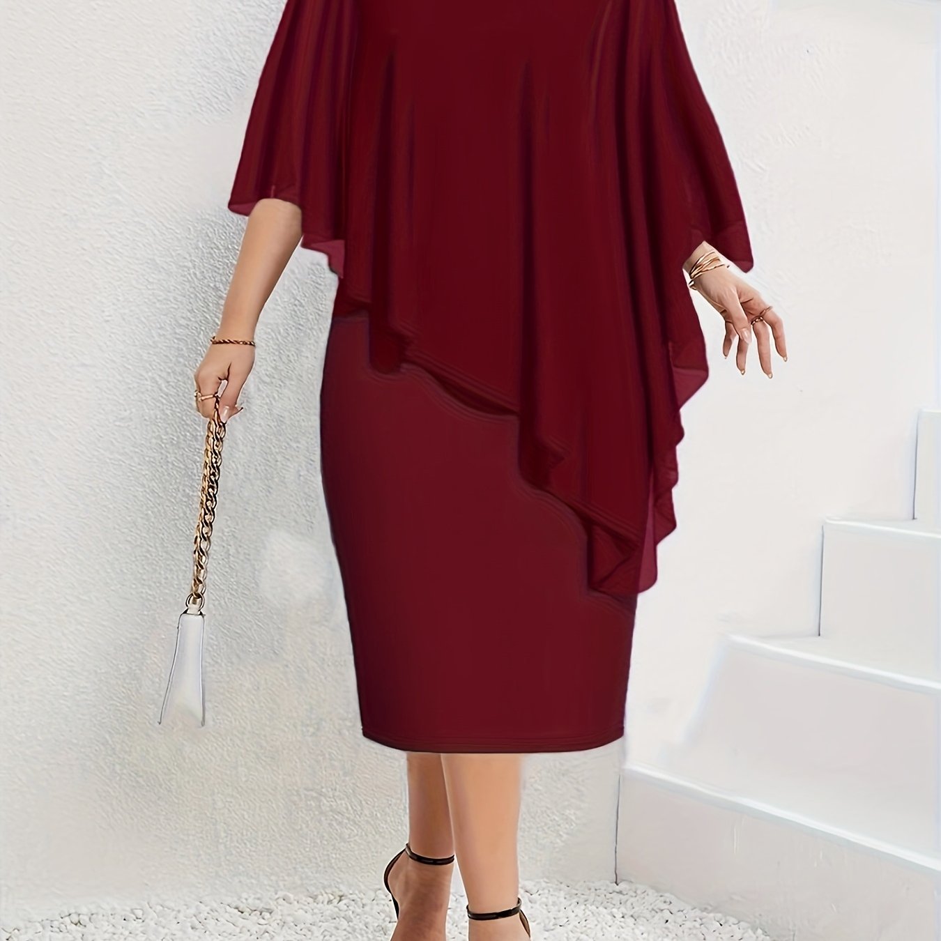 Plus Size Purple Midi Dress with Asymmetrical Cape Sleeves V-Neck Stretchy Polyester