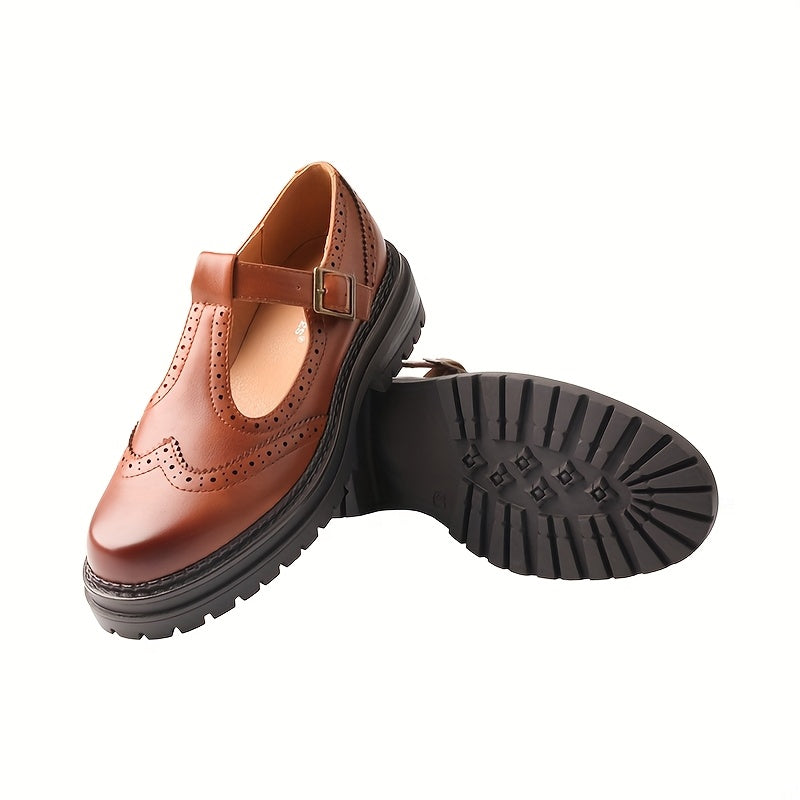 Men Brown Leather Brogue Oxford Shoes Casual Loafers with Buckle