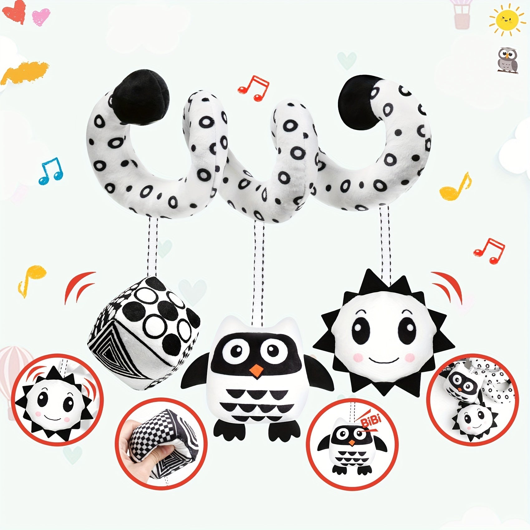 Newborn Black and White High Contrast Spiral Baby Activity Toy for Bed Crib Stroller