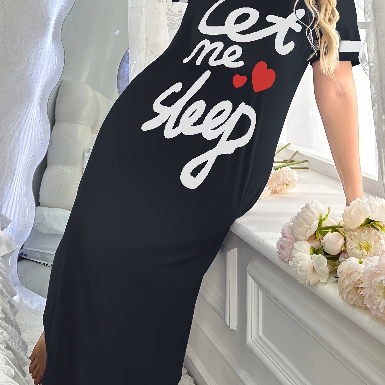 Women's Letter Print Polyester Night Dress Crew Neck Casual Sleepwear