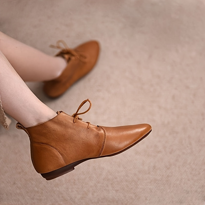 Women's Brown Leather Pointed Toe Ankle Flat Boots Winter Comfortable
