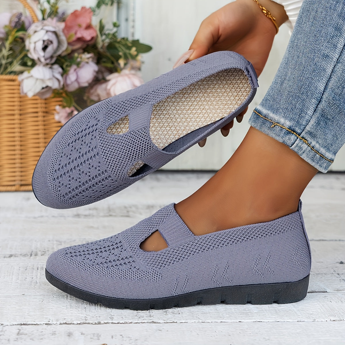 Zapatillas slip-on transpirables para mujer, zapatos planos casuales con suela de goma