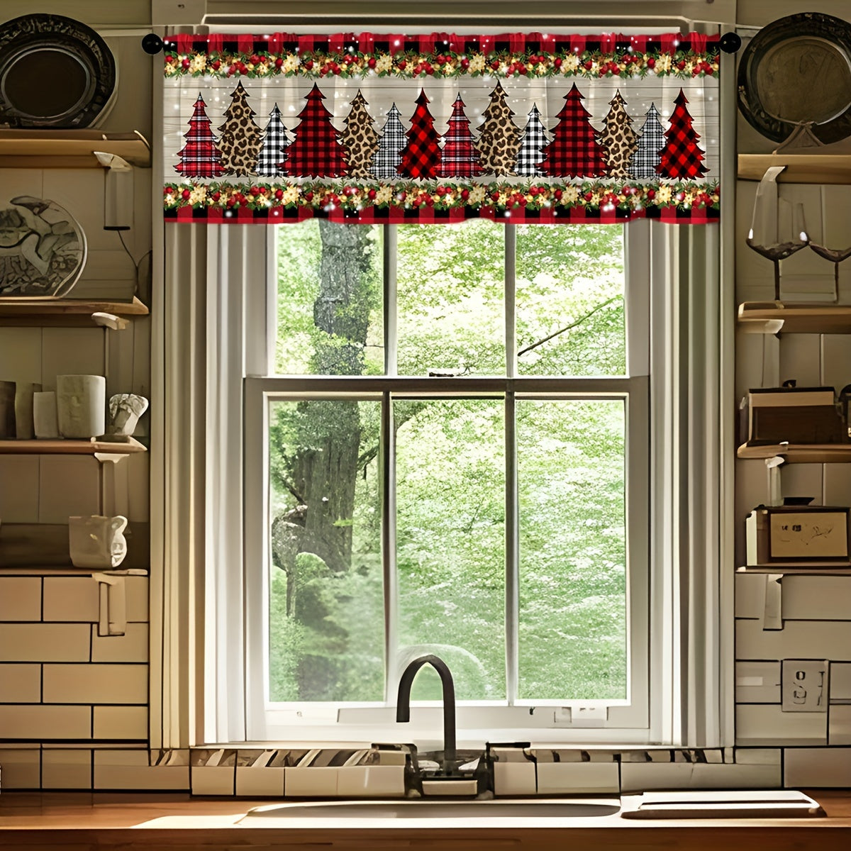 Christmas Kitchen Valance Curtain Pine Tree Ornament Light-Filtering Fabric