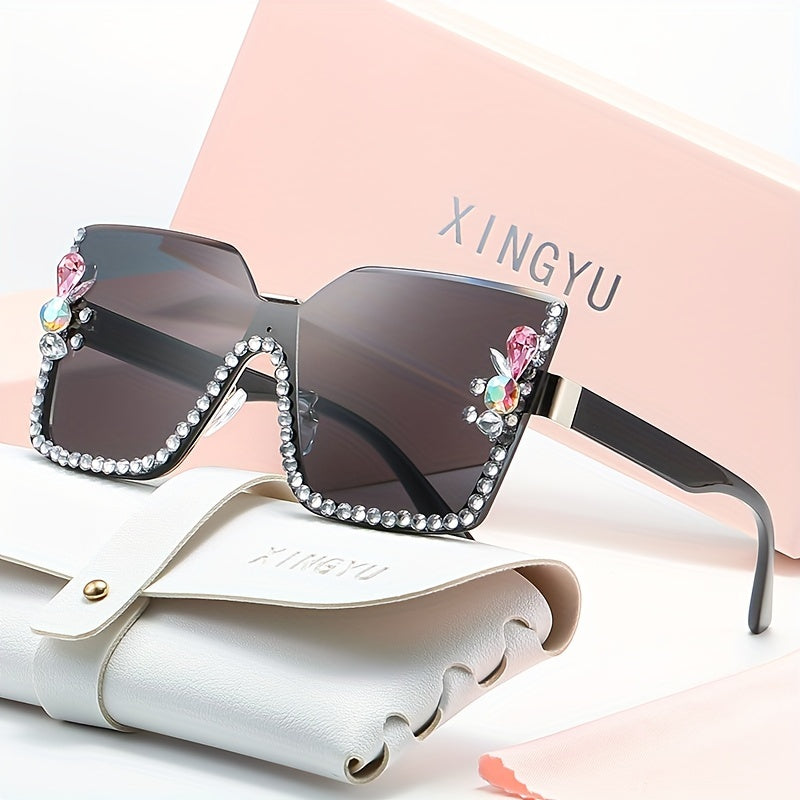 Large Square Rimless Sunglasses with Rhinestones and Gradient Lenses for Women