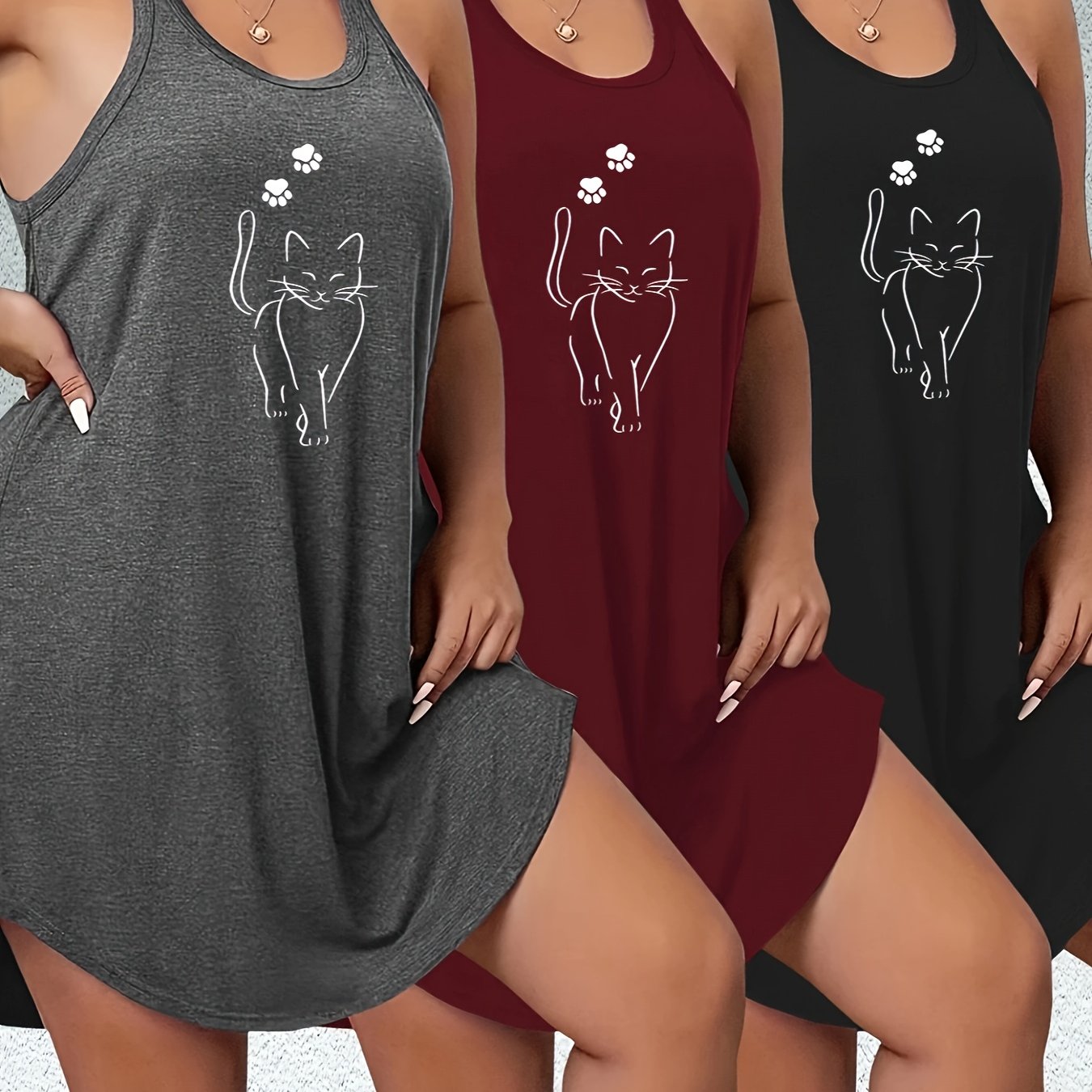 Ayollar uchun katta o'lchamdagi mushuk bosimli tank top va yubka to'plami, polyester, kundalik yozgi kiyim