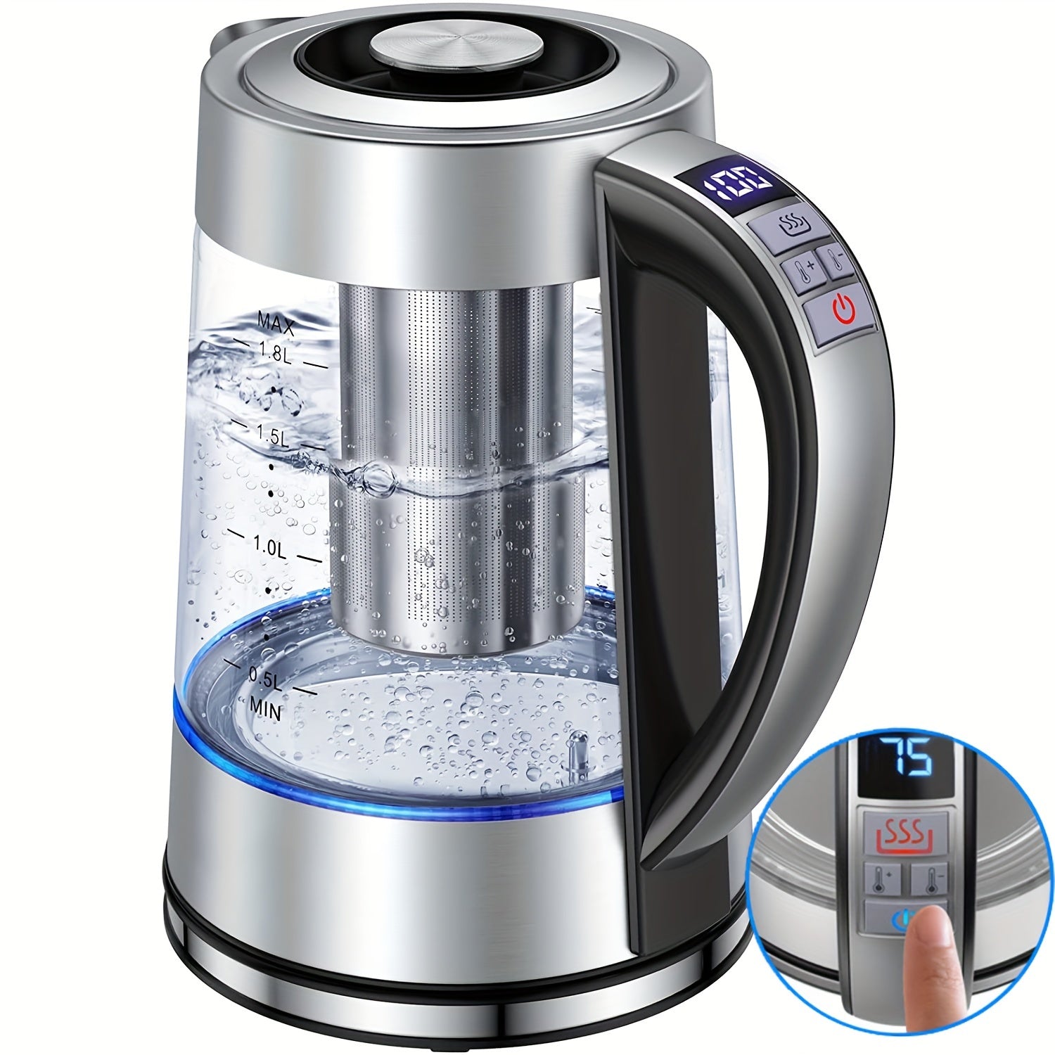 Electric Glass Kettle 1.8L with 12 Temperature Controls and Insulation