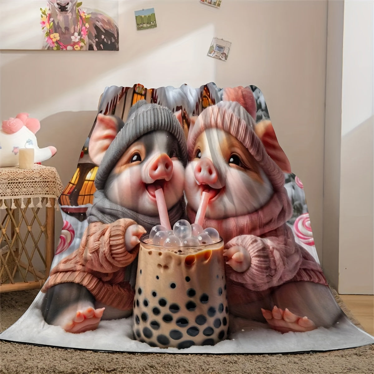 Yoqimli cho'chqa Buble Choy Yostiqchasi Flanel Barcha mavsumlar uchun to'qilgan hayvonlar mavzusi bolalar va kattalar uchun